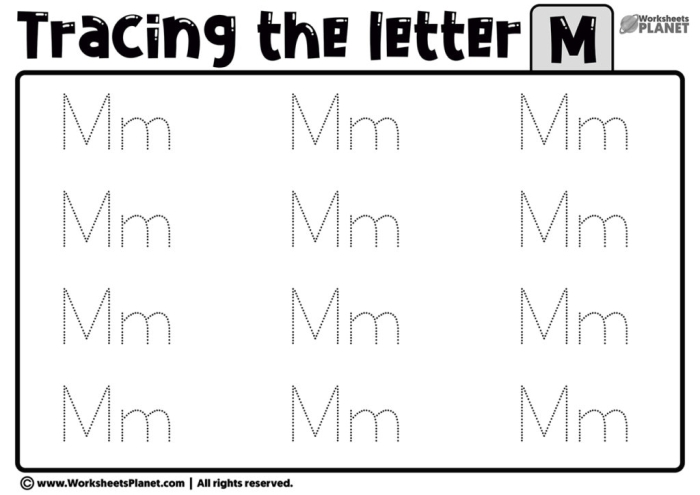 Geometry worksheet for Pre-K Worksheet for practicing tracing the letter M, designed for prekindergarten students to enhance fine motor skills. Engaging tracing activity for the letter M in a pre-K geometry context.