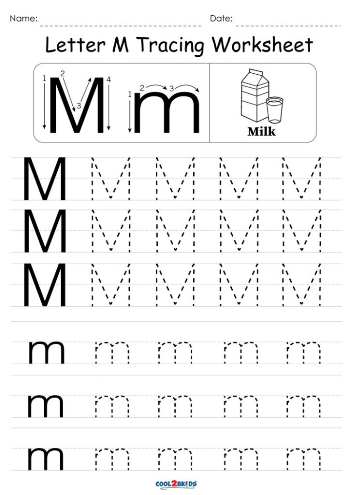 Practice Tracing the Letter M Worksheet for Pre-K Students Kids practicing tracing the letter M on a prekindergarten worksheet to enhance fine motor skills