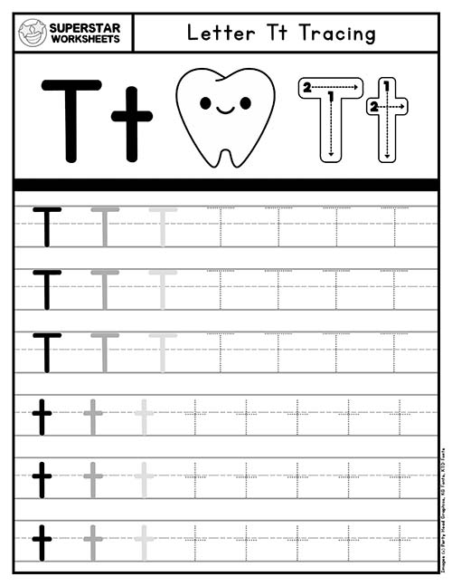 Worksheet image for tracing the letter T for prekindergarten students Kids practicing tracing the letter T on a pre-K worksheet to enhance fine motor skills