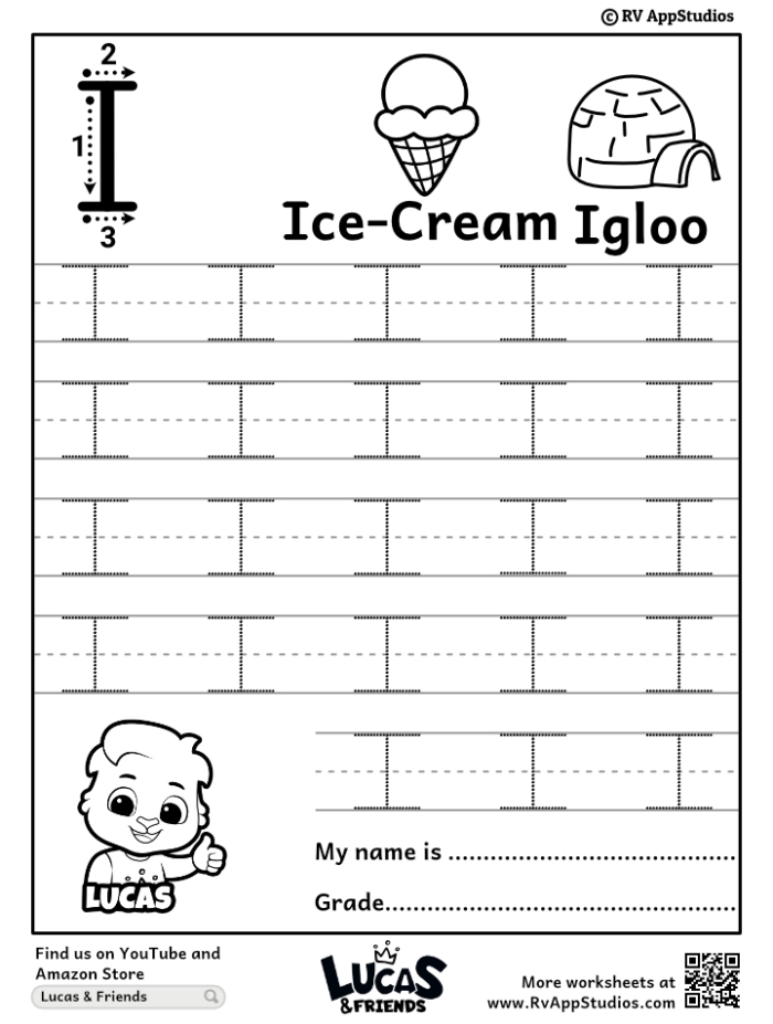 Worksheet image for tracing the letter I, designed for young learners in geography education Prekindergarten students practicing tracing the letter I on a worksheet to enhance fine motor skills
