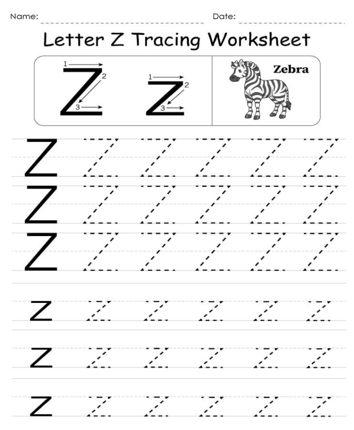 Worksheet for practicing tracing the letter Z for pre-K children enhancing fine motor skills