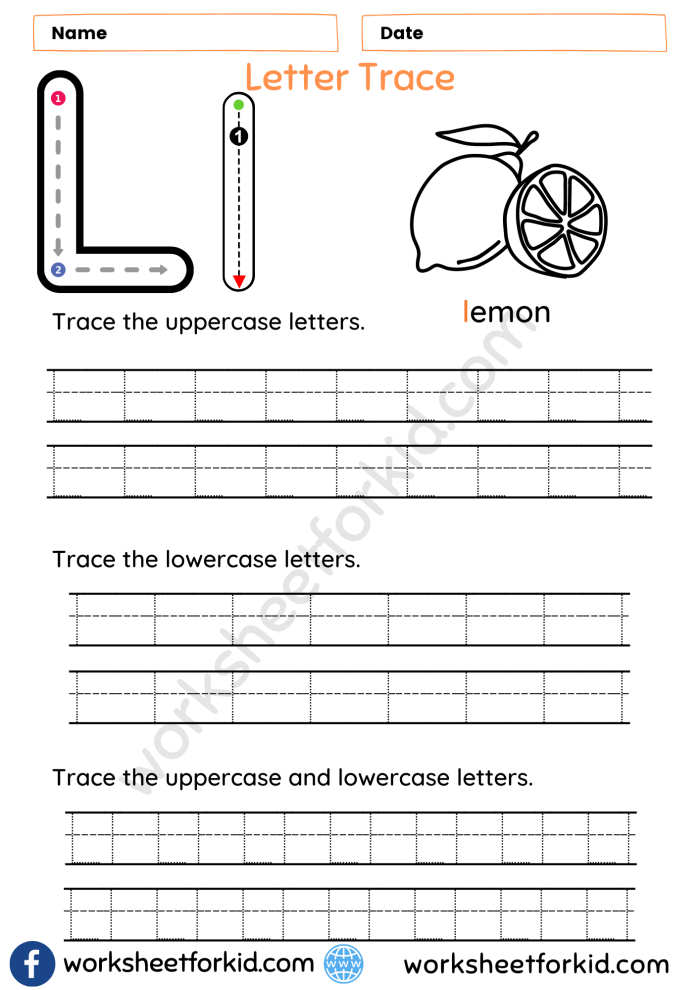 A worksheet for Pre-K kids to practice tracing the letter L, enhancing fine motor skills. Practice Tracing the Letter L worksheet for early vocabulary development.
