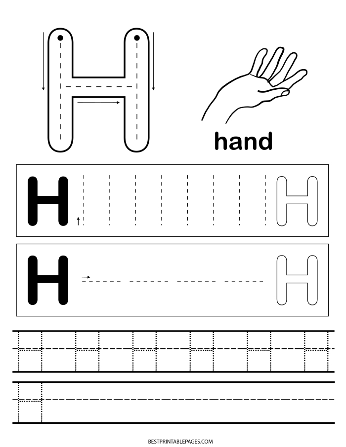 Writing worksheet for Pre-K Kids practice tracing lines and the letter H on this Pre-K worksheet to improve fine motor skills. Practice Tracing the Letter H worksheet for Pre-K students, image 17.