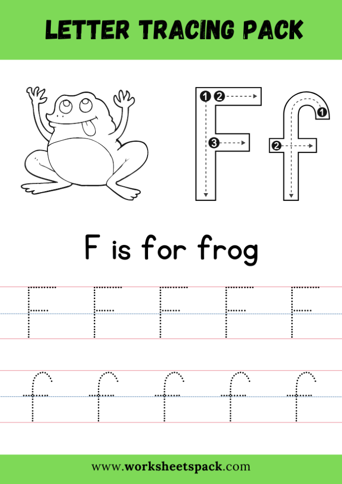 Practice Tracing the Letter F worksheet for Pre-K children to learn letter formation Worksheet for tracing the letter F designed for prekindergarten students to enhance fine motor skills