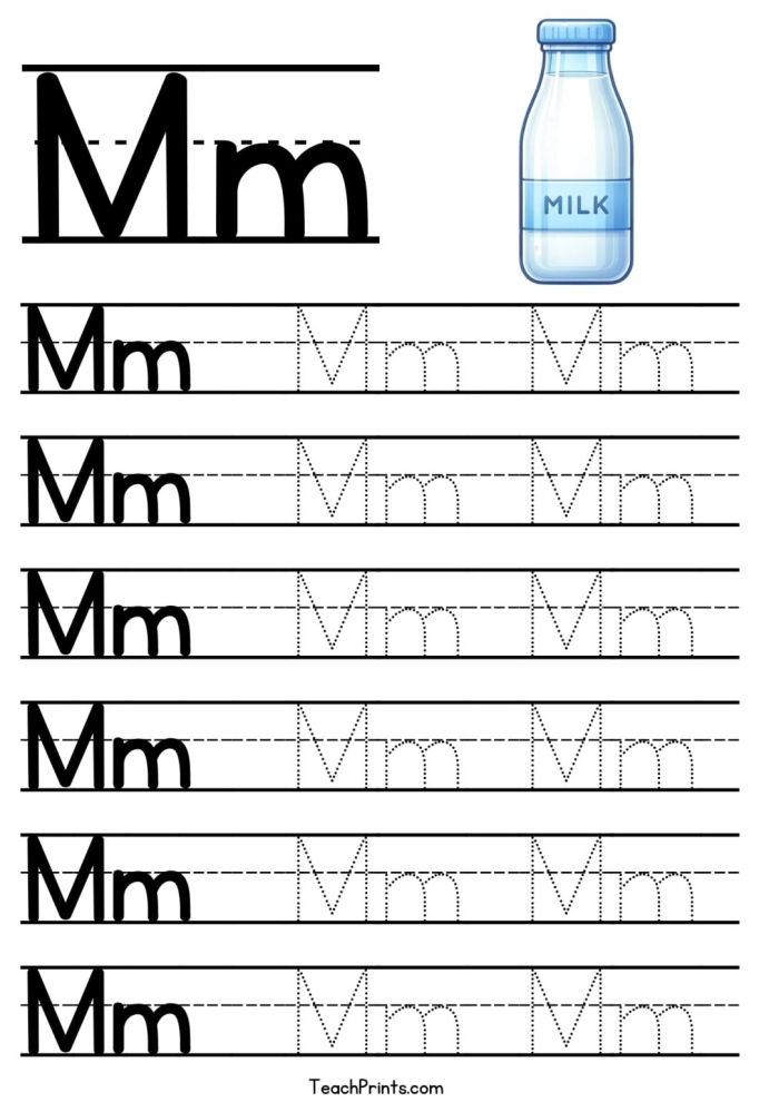 Worksheet image for tracing the letter M, designed for early childhood education Practice Tracing the Letter M worksheet for Pre-K students focusing on fine motor skills