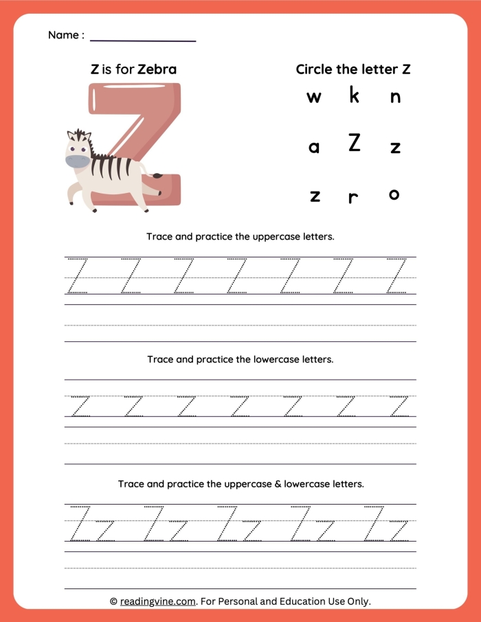 Practice Tracing the Letter Z worksheet for Pre-K students to enhance fine motor skills