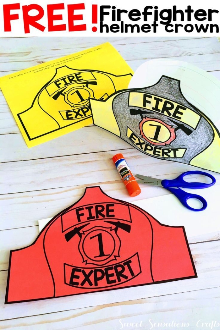 A young child coloring a fire hat template while learning about community helpers