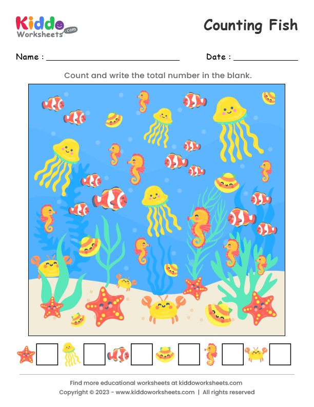 Counting worksheet for preschoolers with a fish theme, designed for addition practice. Fun fish-themed worksheet for pre-K children to learn counting and addition skills.