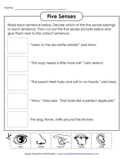 Pre-K matching worksheet for learning about the five senses