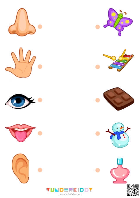 Pre-K worksheet with colorful illustrations for students to match everyday objects to their corresponding five senses