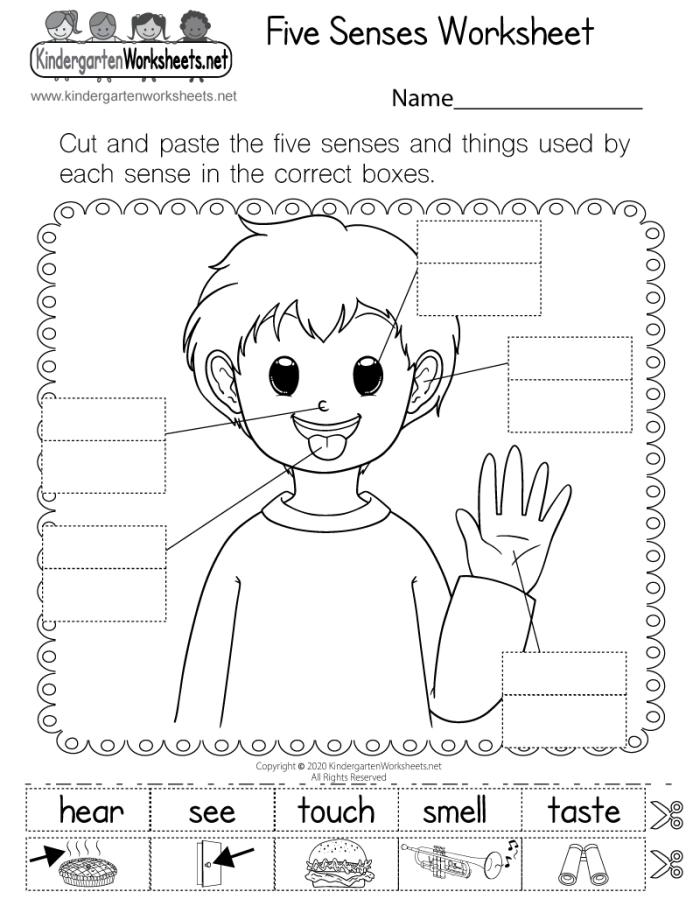Cute worksheet for Pre-K students matching pictures to the five senses