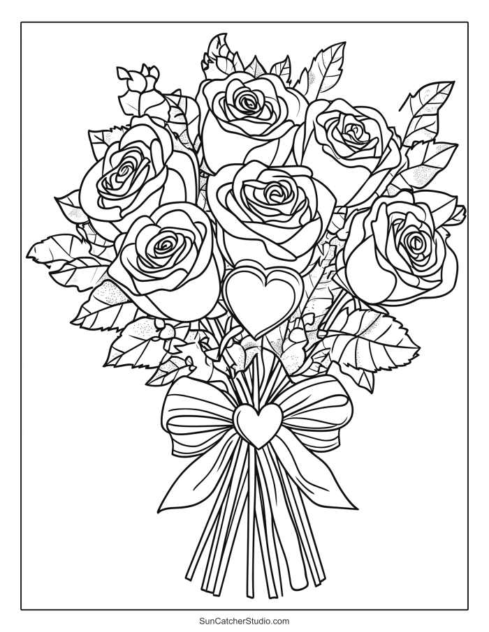 Coloring page featuring roses for kids to color in, perfect for Valentine's Day or nature-themed activities. Color the Roses worksheet for Pre-K students to enjoy and express their creativity.