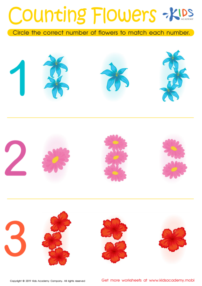 Pre-K worksheet with flowers for children to count and color using positional words
