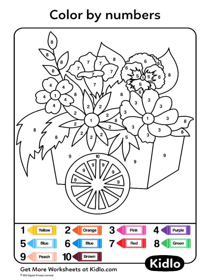 Pre-K worksheet with flowers for children to count and color using positional words