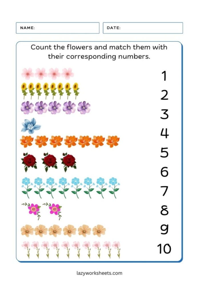 Colorful worksheet for counting and identifying flowers using positional words