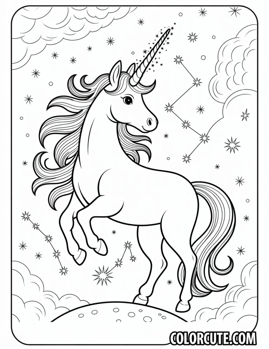 Coloring page of a winged unicorn soaring through a vibrant rainbow, designed for young children. Color the Flying Unicorn worksheet for Pre-K students in Earth and Space Science.