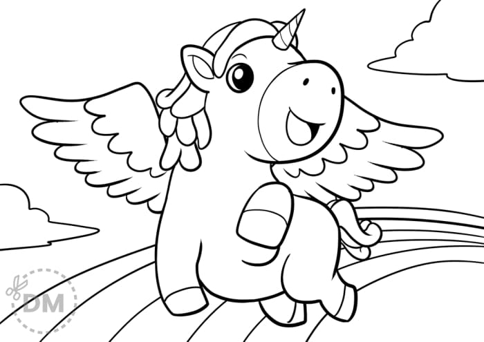 Pre-K worksheet featuring a winged unicorn flying past a colorful rainbow for coloring page 10