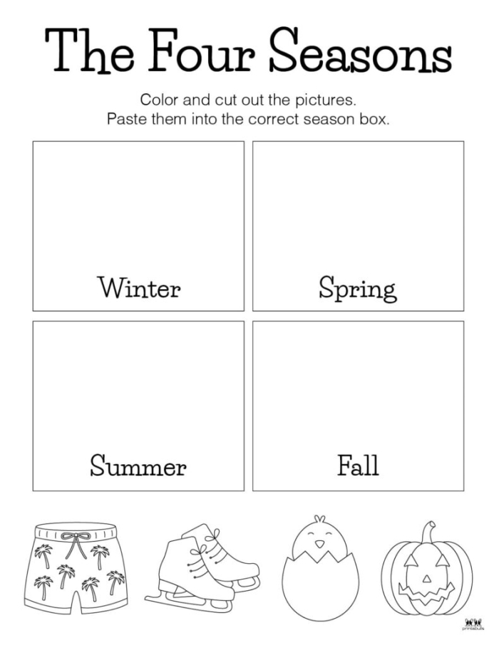 Pre-K printable worksheet for practicing handwriting by tracing words related to the four seasons