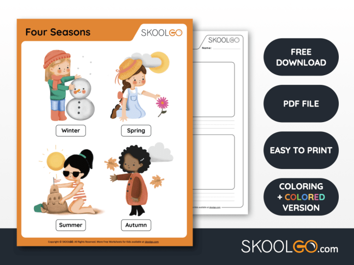 Pre-K printable worksheet for practicing writing the names of the four seasons