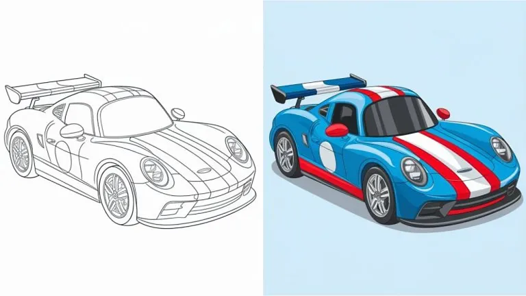 Pre-K color by number race car worksheet focused on early fraction recognition skills