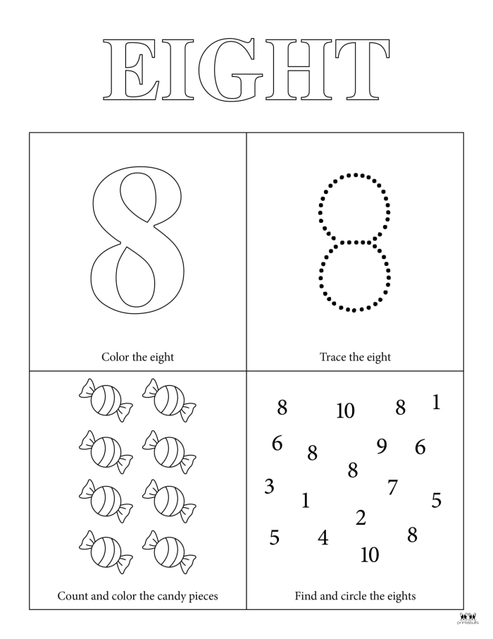 Worksheet for teaching the number 8 through fractions for Pre-K children