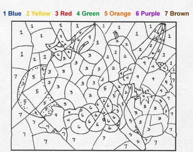 Color by number worksheet featuring various fruits for preschoolers