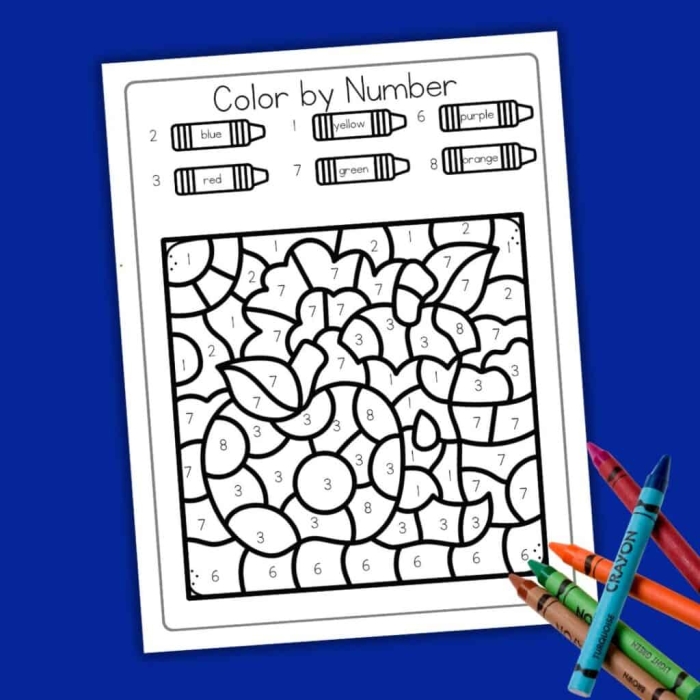 Color by number worksheet featuring various fruits for preschoolers