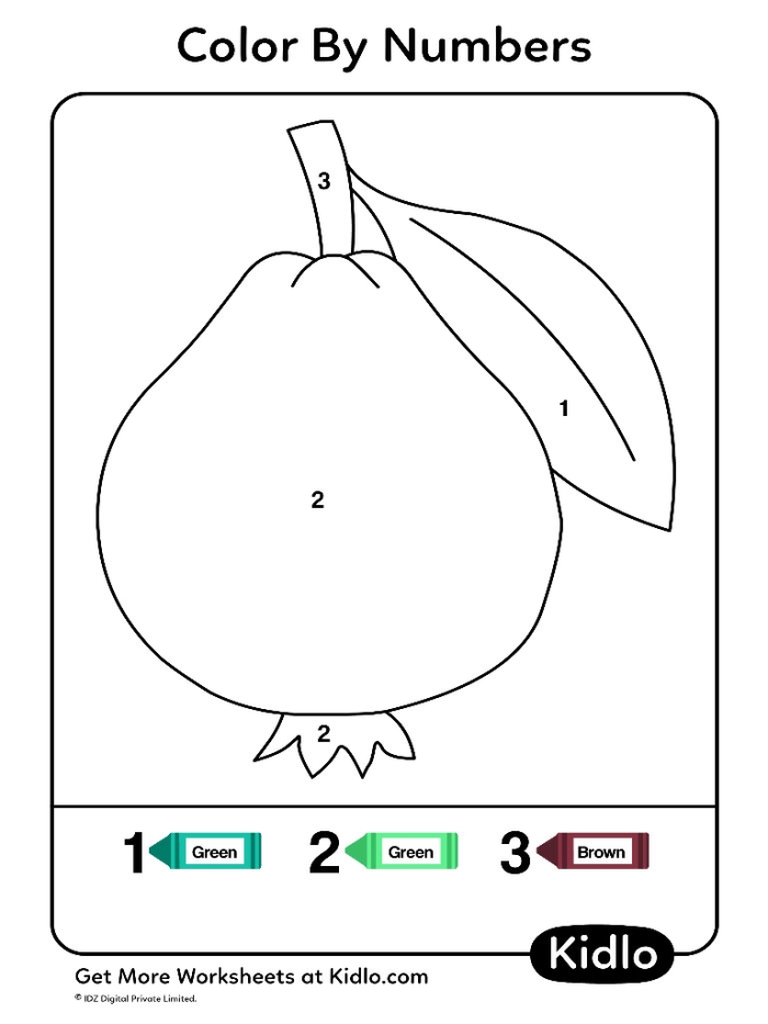 Color by number worksheet featuring various fruits for kids to color