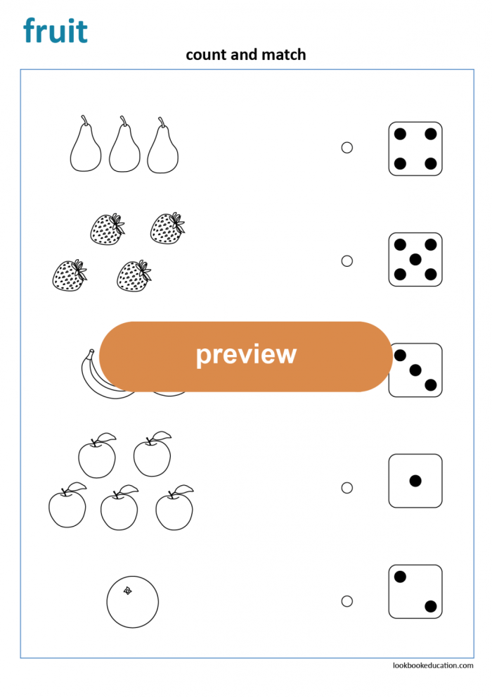 Match the Numbers with the Fruits worksheet for practicing counting and line tracing Worksheet for matching numbers with fruits to enhance handwriting skills in Pre-K