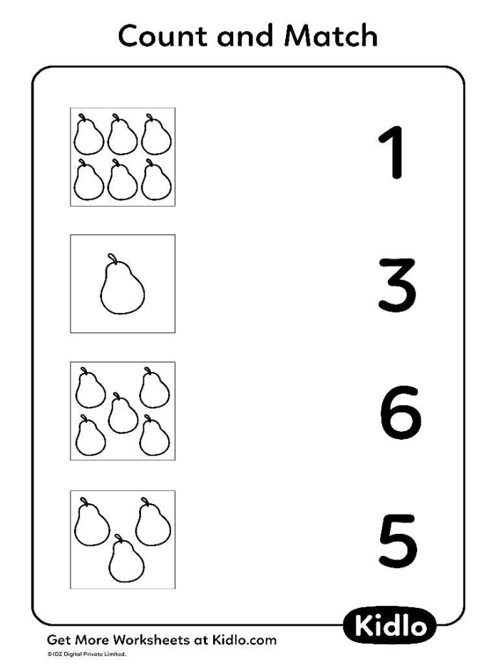 Match the Numbers with the Fruits worksheet image 2 Worksheet for matching numbers to fruits for Pre-K handwriting practice