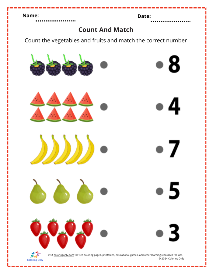 Match the Numbers with the Fruits worksheet for young learners Worksheet for matching numbers to fruits for handwriting practice in Pre-K