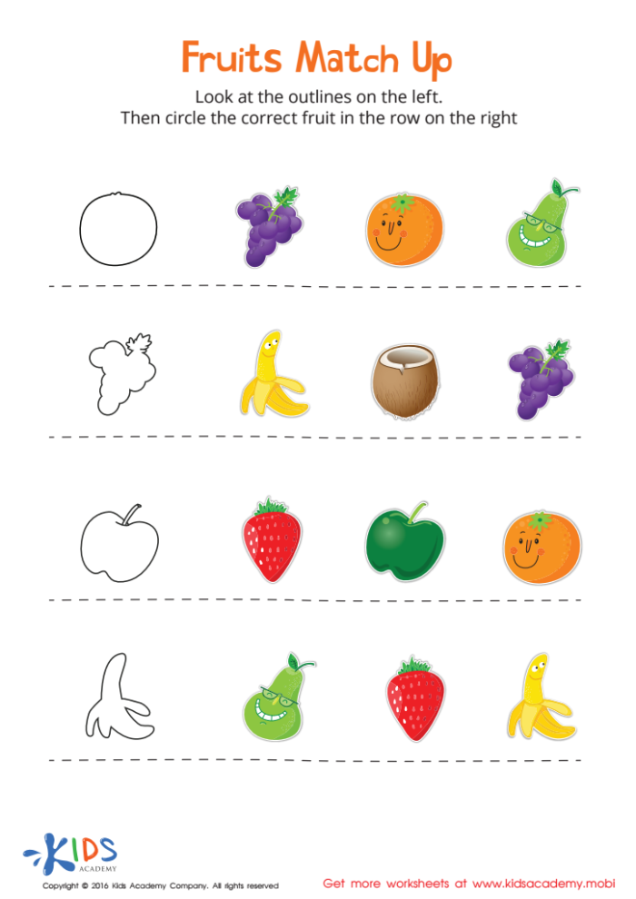Handwriting worksheet for Pre-K Worksheet for matching numbers to fruits, designed for Pre-K handwriting practice. Match the Numbers with the Fruits activity sheet for early learners.