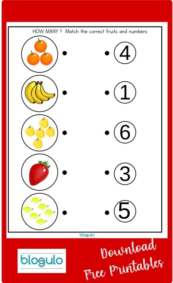 Handwriting worksheet for Pre-K Worksheet for matching numbers with fruits, designed for Pre-K handwriting practice. Match the fruits with the correct numbers by tracing curved lines.