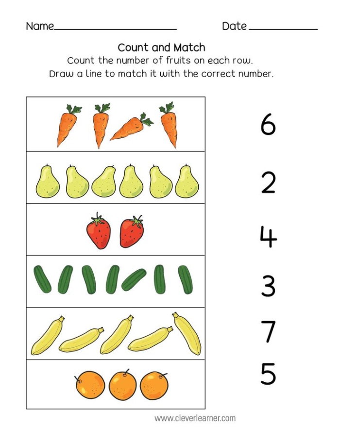 Match the Numbers with the Fruits worksheet for tracing and counting practice Worksheet for matching numbers with fruits to enhance handwriting skills in Pre-K