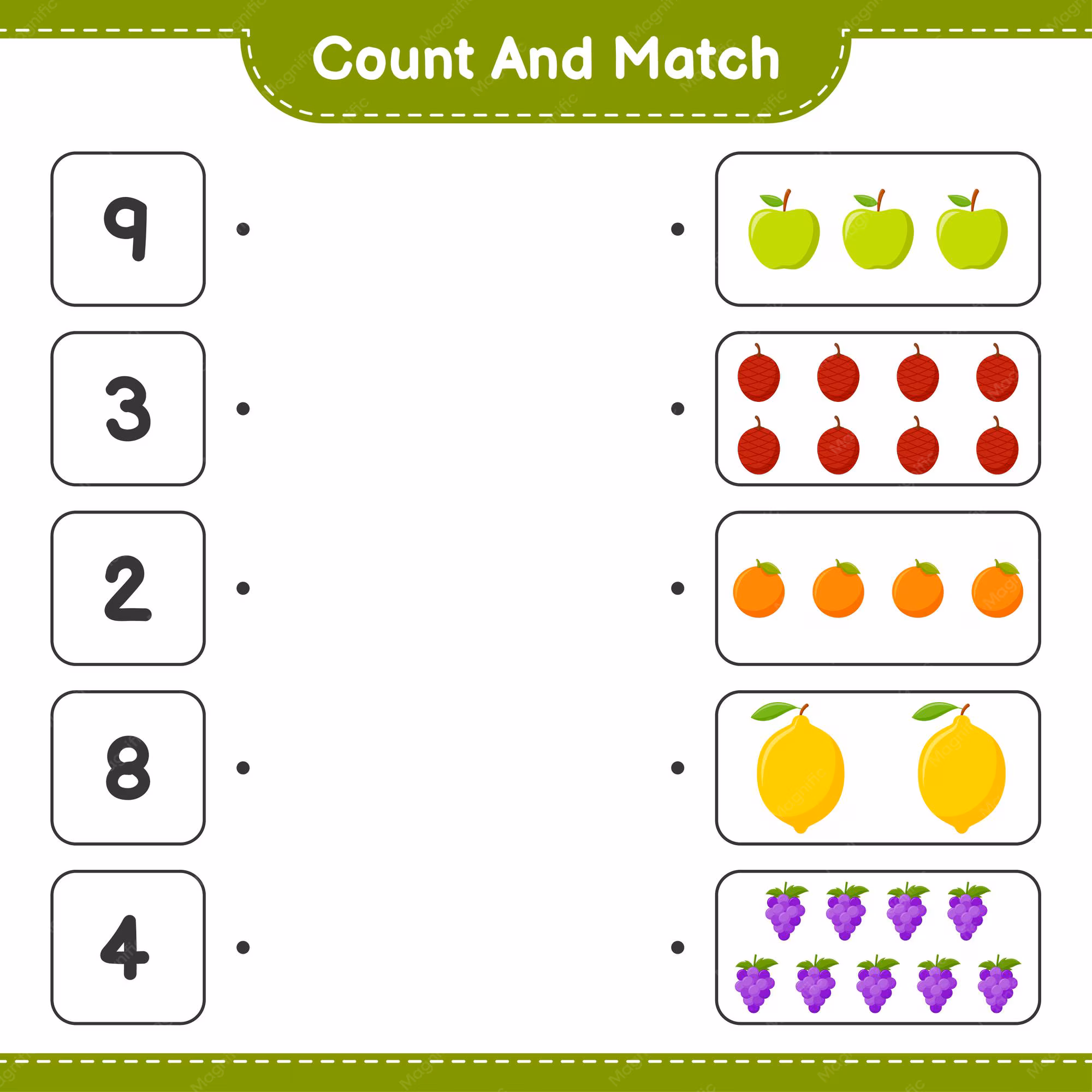 Match the Numbers with the Fruits worksheet for handwriting practice in early education Worksheet image showing a fruit matching activity for tracing numbers and counting in Pre-K