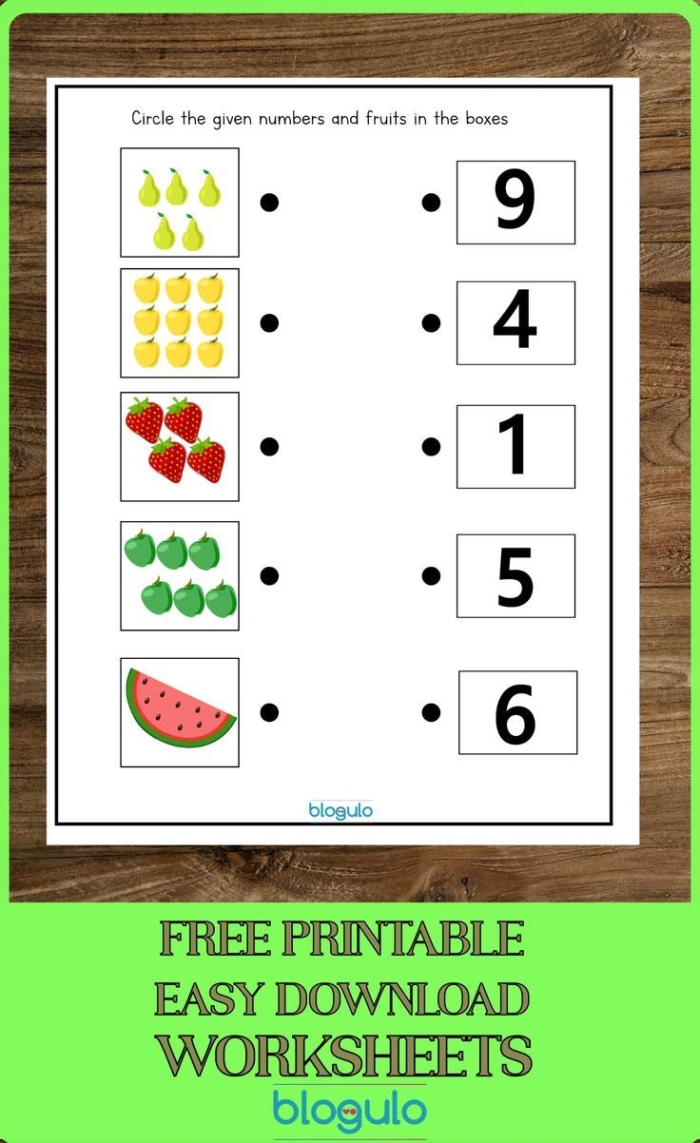 Match the Numbers with the Fruits worksheet for young learners Worksheet for matching numbers to fruits, designed for Pre-K handwriting practice