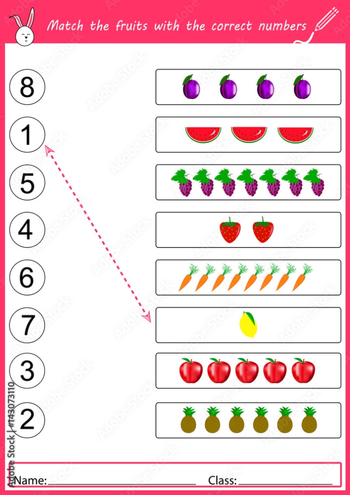 Handwriting worksheet for Pre-K Worksheet for matching numbers with fruits to enhance handwriting skills in Pre-K. Fun activity for tracing curved lines while counting fruits and connecting them to the correct numbers.