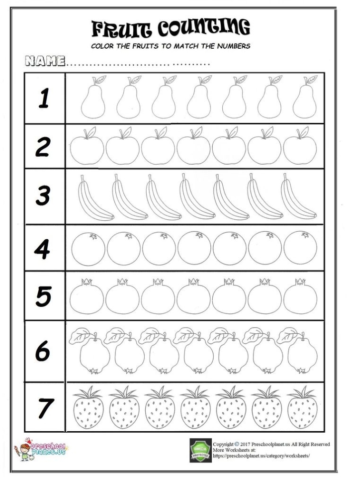 Handwriting worksheet for Pre-K Worksheet for matching numbers with fruits, designed for Pre-K handwriting practice. Interactive activity for tracing curved lines while counting fruits and connecting them to their corresponding numbers.