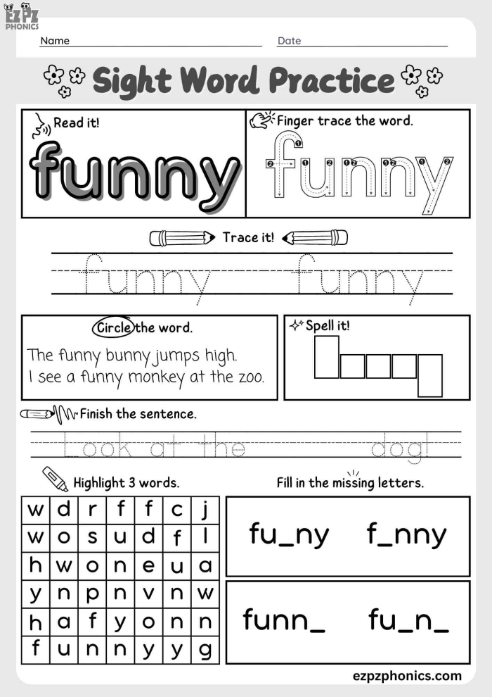 Worksheet illustrating a creative arts and crafts activity for the sight word "funny" aimed at Pre-K students