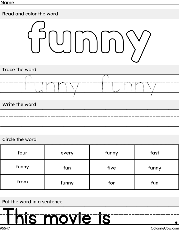 Worksheet featuring a creative activity to learn the sight word "funny" for Pre-K students