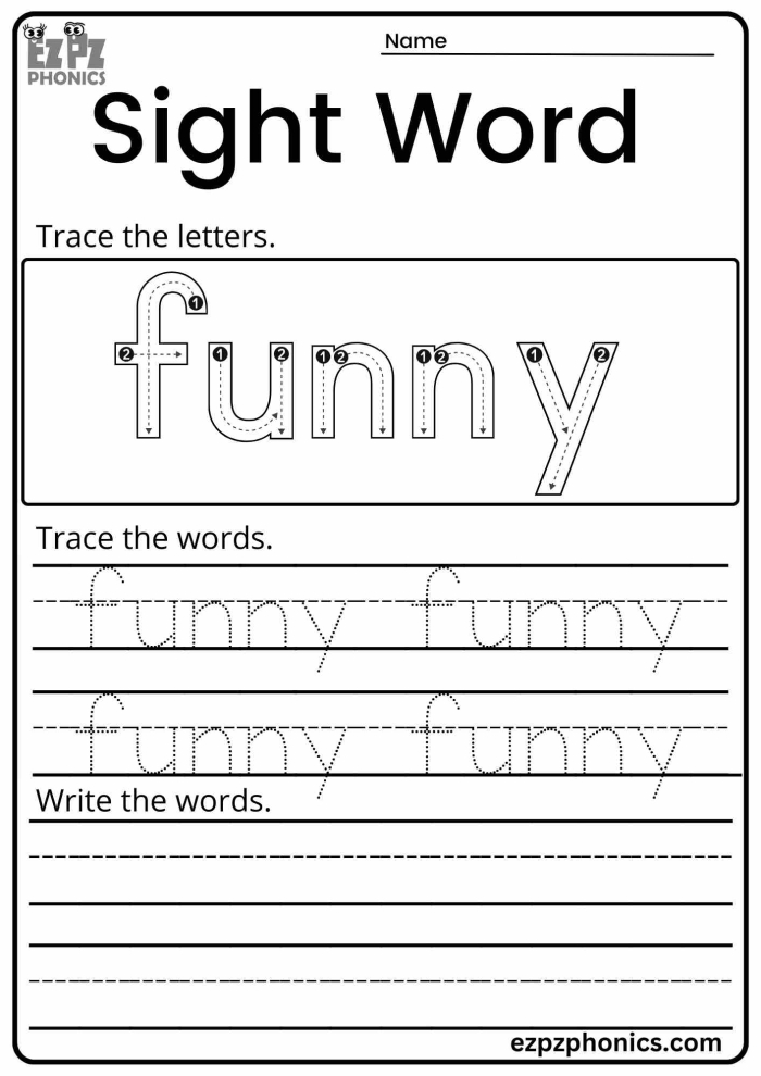 Worksheet featuring the sight word "funny" with creative arts and crafts activities for Pre-K students
