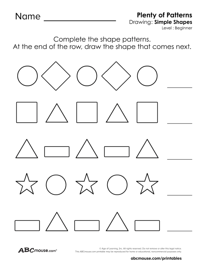 A Pre-K worksheet showing colorful geometric shapes in a sequence for children to complete