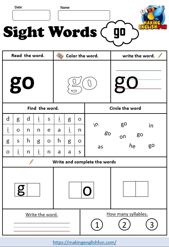 Pre-K worksheet featuring creative activities to help students practice the sight word Go
