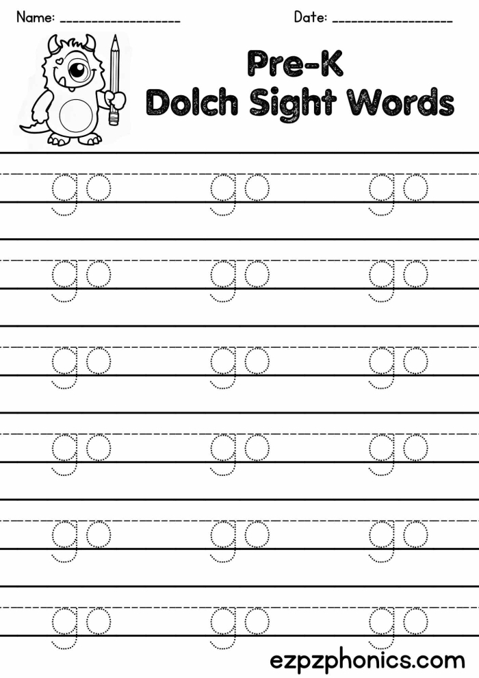 Pre-K worksheet featuring engaging activities for learning the sight word "Go