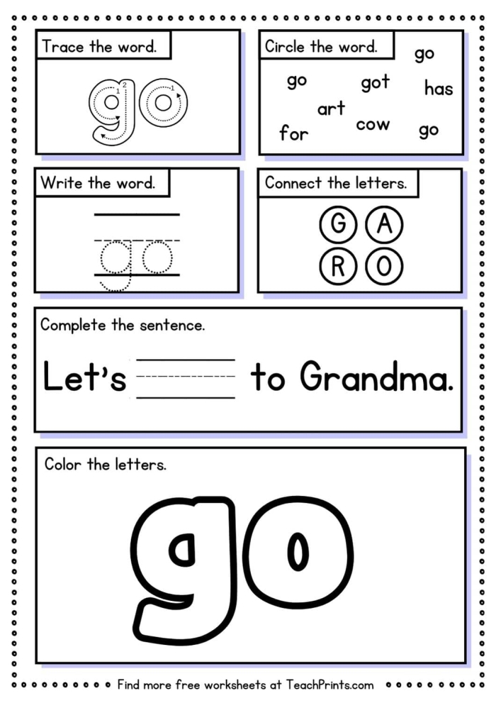 Worksheet featuring engaging activities to help Pre-K students learn the sight word "Go