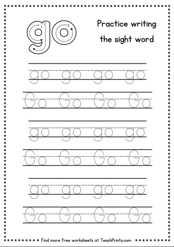 Worksheet featuring engaging activities to learn the sight word "Go" for Pre-K students