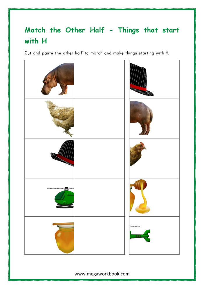 Worksheet featuring items that begin with the letter H for phonics practice in Pre-K. Engaging things that start with H worksheet for young learners.