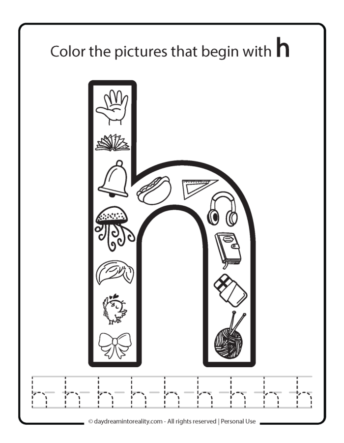 Pre-K phonics worksheet for identifying objects that begin with the letter H