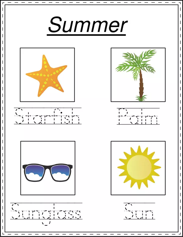 Pre-K phonics worksheet focusing on handwriting practice for the four seasons