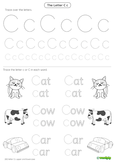 Pre-K worksheet showing children how to trace lines and the letter C to improve handwriting skills